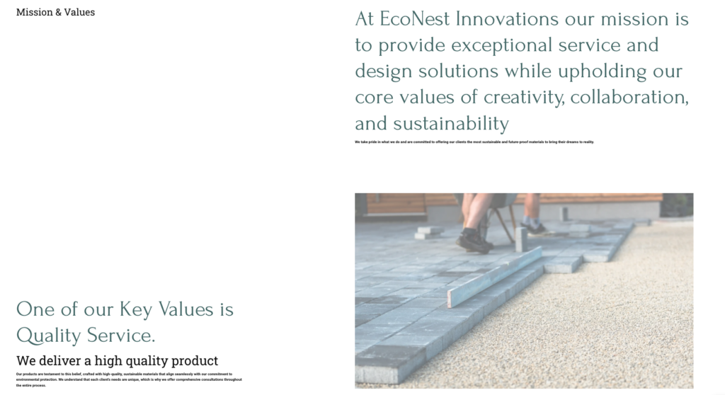 EcoNest Innovations missions and values.