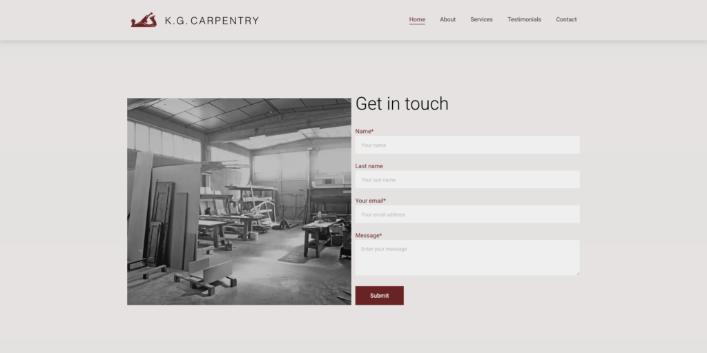 KG Carpentry contact section.