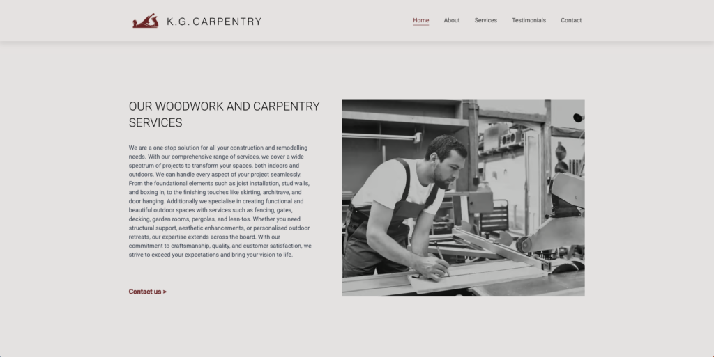 KG Carpentry services section.