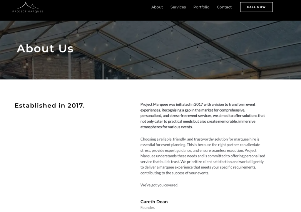 Project Marquee's About Us page.