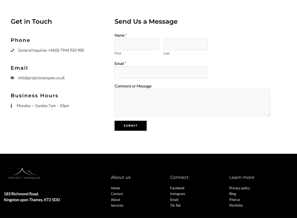 Project Marquee's Contact us page.