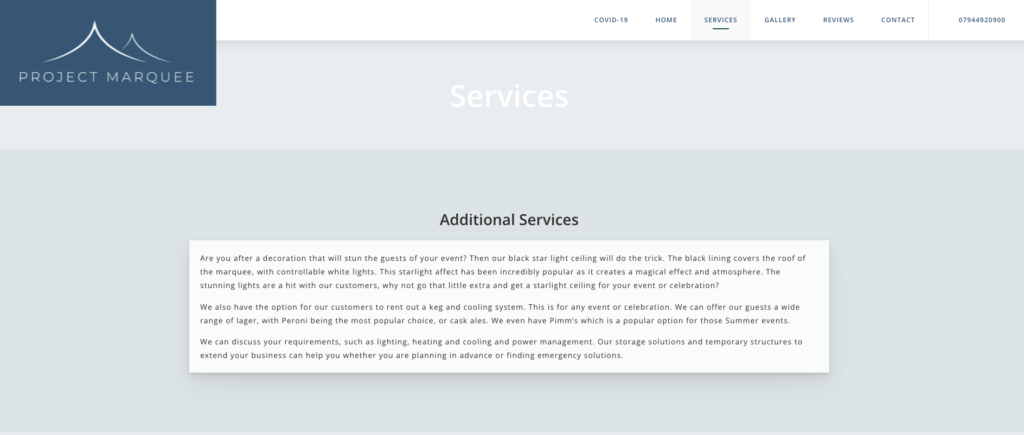 Project Marquee's old Services page.