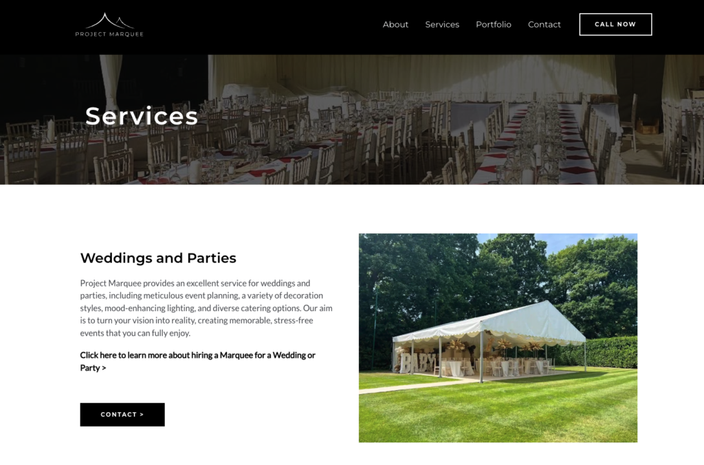 Project MArquee's Services page.